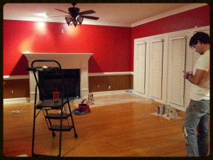 Color scheme: "Red Gumball" above the chair rail/"Cinnamon Stick" below the chair rail. We're going to demo the marble on the fireplace and I am...... not going to tell you what I have planned for it! #Ilikesurprises 