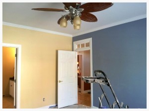 However, in the master bedroom, I like a calming sanctuary, so I used vibrant yet subdued colors: Vanilla Brandy & Drawbridge. (Obviously the fan hasn't been industrially or industriously cleaned yet. The eager beaver in me is not going to do that again until all the sanding is done.)