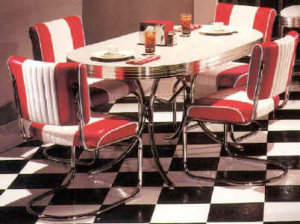 On the same note... I will never quit having a mad crush on all sorts of '50s dinette sets, and in my case, the bolder the better! Our entire kitchen in the new digs is "Gumball Red". There's nothing quite like classic checkerboard flooring with a glittery, red, chromed out dinette to make a dining room feel like it should have a jukebox and all meals should be dished out with love...... on roller skates! 