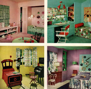 ... And sticking with that same 1950s color scheme, here are 4 fine photographs of some really swell children's bedrooms. :) I love how adorable they are - all themed out to a child's personal interests or personalities - but they are not overstocked with stray items everywhere. The 1950s were all about keeping surplus stuff contained/displayed neatly in toy chests & built-in shelving, while not compromising the fact that children were children. These were very hot colors for Sherwin Williams many  decades ago (and I still fancy them something silly!). This was from Sherwin William Home Decorator in 1959.