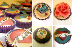 Of course, I *want* to be making these vintage tattoo wedding cupcakes! That's just ridiculous, though... NO ONE can compare to Nicola Shipley who makes artistic, unique designs — from retro tattoo cakes to funky cupcakes and sculpted novelty cakes! Her brand is called Fairy Cakes & Faces. Brilliant. Almost too cool to eat. 